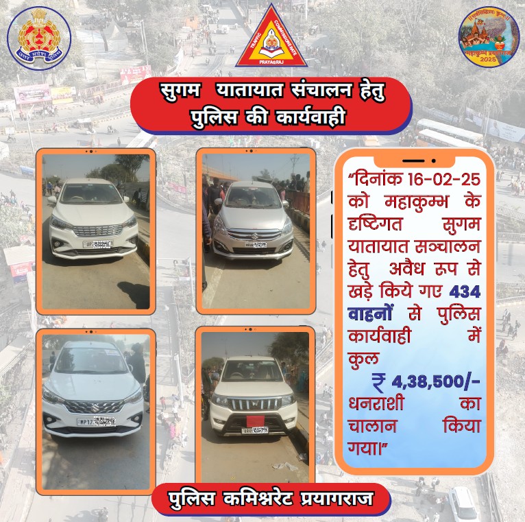 प्रयागराज में पार्किंग ट्रैफिक व्यवस्था को लेकर चालान किया गया