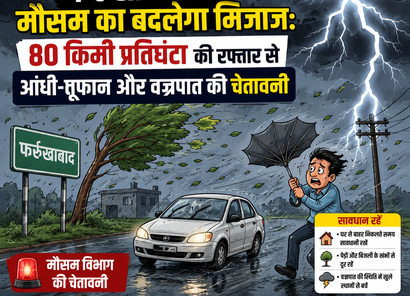 फर्रुखाबाद में मौसम का बदलेगा मिजाज: 80 किमी प्रतिघंटा की रफ्तार से आंधी-तूफान और वज्रपात की चेतावनी
