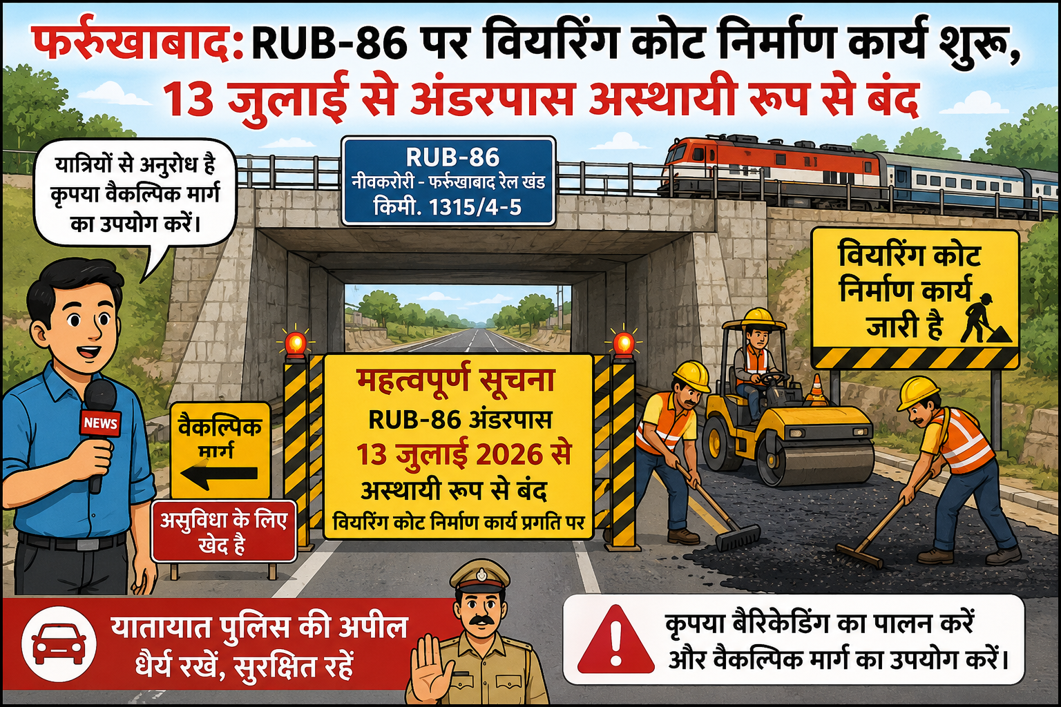 फर्रुखाबाद:RUB-86 पर वियरिंग कोट निर्माण कार्य शुरू, 13 जुलाई से अंडरपास अस्थायी रूप से बंद