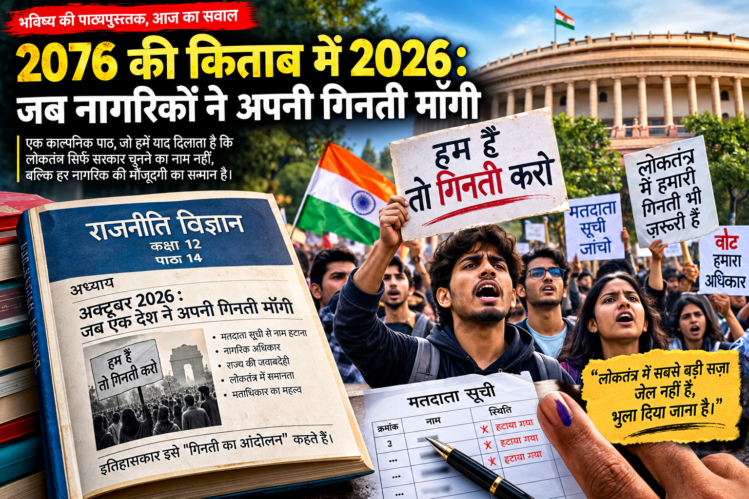 भविष्य की पाठ्यपुस्तक का एक काल्पनिक अध्याय, जो आज के भारत से सवाल करता है